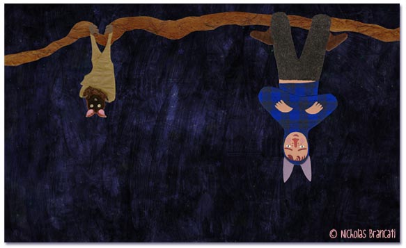 Nicholas Brancati picture book double page spread illustration about a boy acting like a tortoise at the zoo